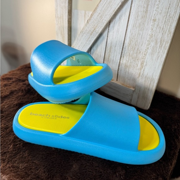 J SLIDES, SQUISH Turquoise/Yellow EVA Size 8 and 10 New in box - Picture 3 of 9